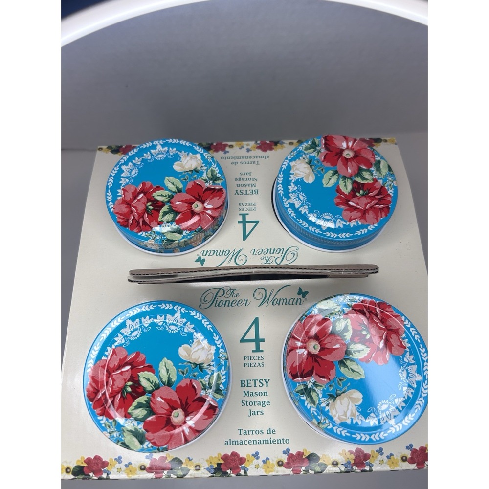 The Pioneer Woman Set of 4 Betsy Mason Storage Jars 32oz Lt Teal Floral Lids NIB - Picture 3 of 6